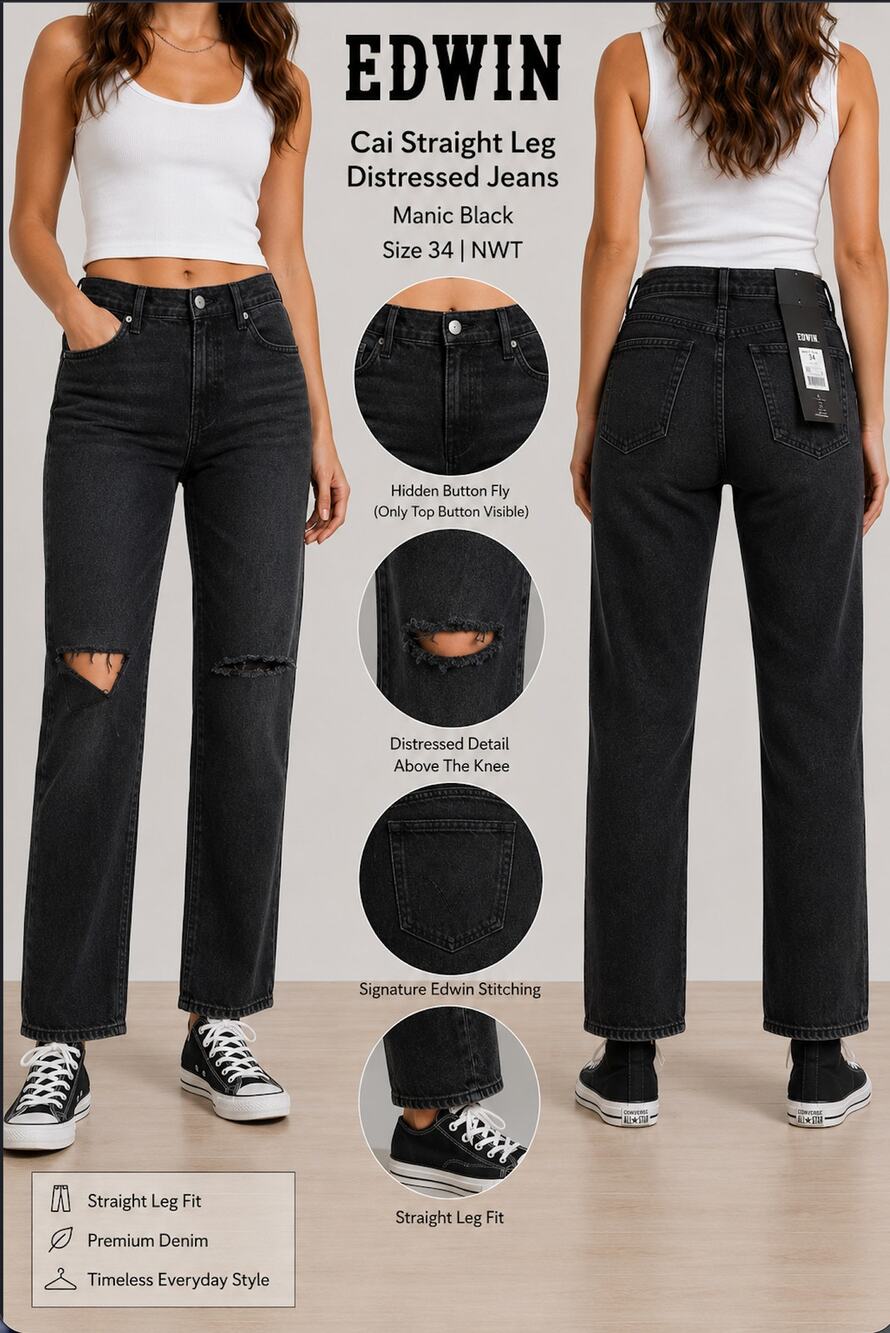EDWIN Cai Straight Leg Distressed Jeans Manic Black NWT Sz 34
